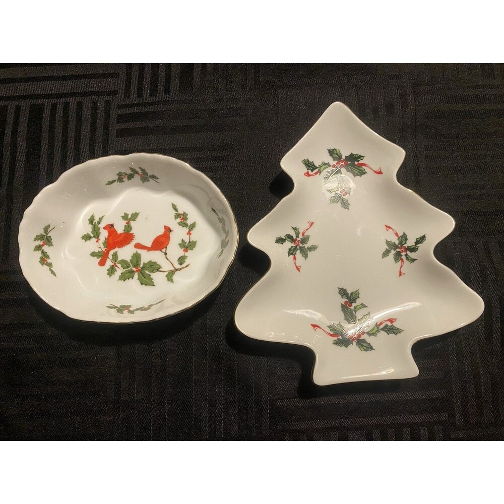 Vintage Lefton China Japan Christmas candy dishes tree cardinals holly leaves